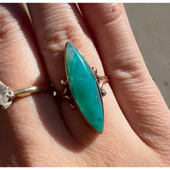 REAL 10k Yellow Gold ANTIQUE Green Agate Ring Sz 6 Victorian Navette Chrysoprase - Picture 8 of 16
